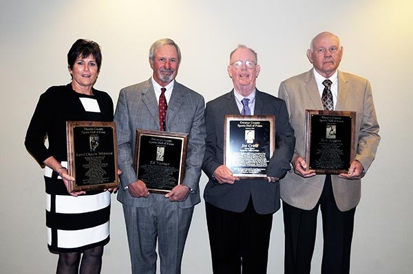 WELCOME TO THE HALL: Those named to the Decatur County Sports Hall of Fame on Saturday were, left to right, Carol Chason Whitmire, Ed Varner, Joe Crine and Ben Rogers.