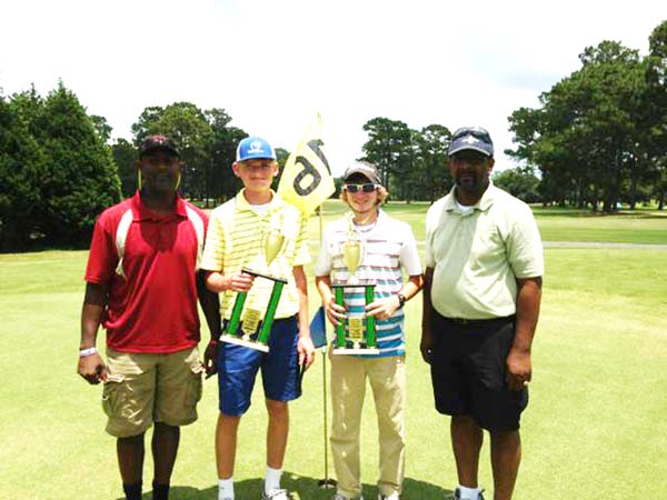 TOURNAMENT WINNERS: The Bainbridge team of Matthew Green and Kyle Horne shot a 67 to win the 2013 Deltrice Riles Memorial Golf Tournament. Pictured are Ryan Riles, Deltrice’s younger brother, Green, Horne and Deltrice’s father and tournament organizer, Gary Riles.