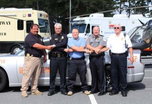Standing united against DUI and other traffic violations during the upcoming Labor Day weekend are, from the left, Bainbridge State College Chief of Police James Spooner; Havana, Fla., Chief Tracy Smith; Climax, Ga., Chief Johnny Pricilla; Bainbridge Public Safety Director Eric Miller and Attapulgus, Ga., Chief James Earl Spooner.