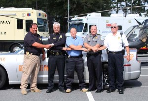 Standing united against DUI and other traffic violations during the upcoming Labor Day weekend are, from the left, Bainbridge State College Chief of Police James Spooner; Havana, Fla., Chief Tracy Smith; Climax, Ga., Chief  Johnny Pricilla; Bainbridge Public Safety Director Eric Miller and Attapulgus, Ga., Chief James Earl Spooner.