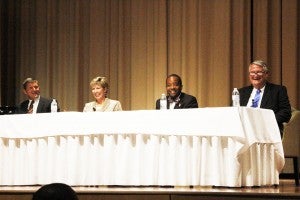 Bainbridge Mayor Edward Reynolds, Cathy Cox, John Monds and Donalsonville Mayor Dan Ponder tell stories of their political careers during the Constitution Day panel on Sept. 17, at the Charles H. Kirbo Regional Center. 