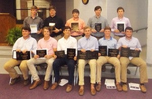 Joe Crine — Post-Searchlight Honorees: Bainbridge High School Bearcats varsity and junior varsity baseball award winners display their honors. From left to right in the front are Ty Varnum, Carson Inlow, Noah Bryant, Keith Lyle, Caleb Boutwell and Will Kelley. From left to right in the back are Cayden McQuaig, Walt Burrell, Ben Mitchell, Nick Barber and Dalton Harrell.